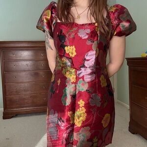 Lulu's Red Floral Puff Sleeve Jacquard Mini Dress